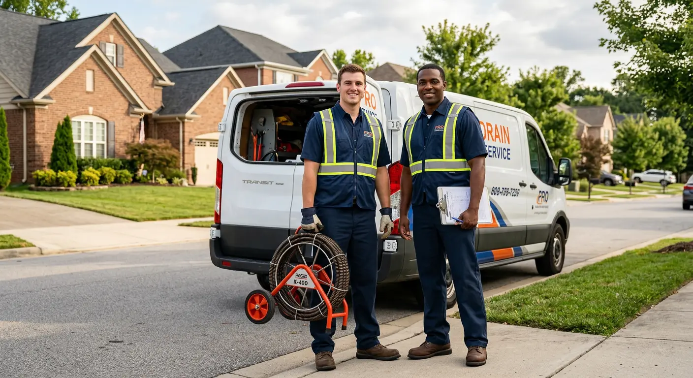 Sewer and drain service team with equipment ready for work in Wright
