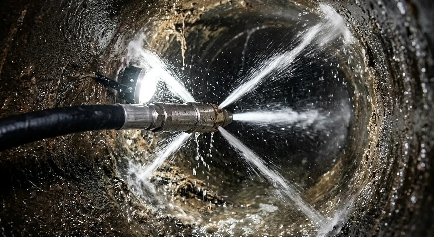 High-pressure hydro jetting nozzle cleaning sewer pipe for Sewer Line Relining in Wright