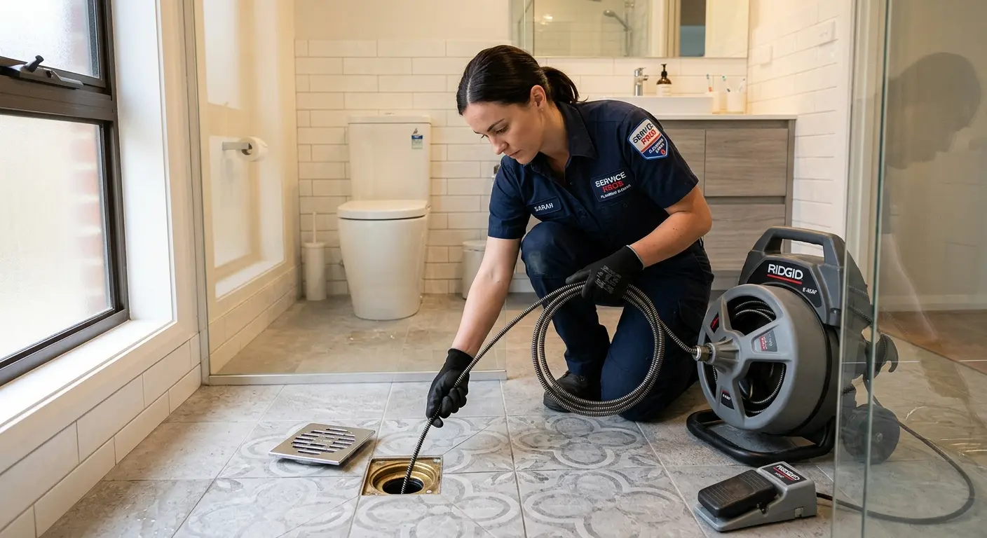Technician clearing a bathroom floor drain for Sewer Line Installation in Wright
